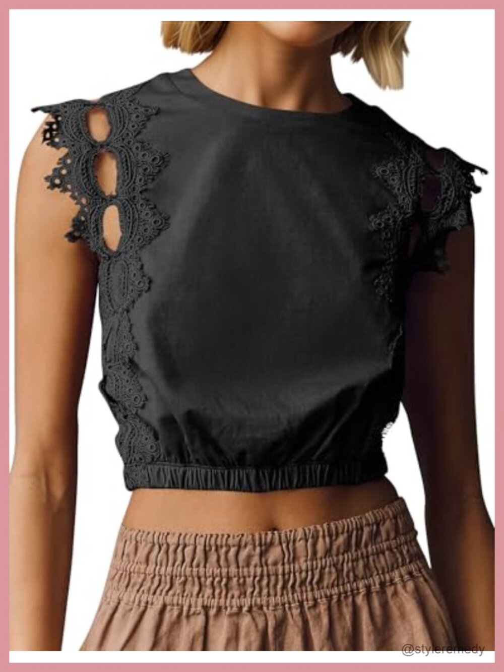 Lace Trim Eyelet Cutout Bubble Crop Tank Top Boho Sleeveless Summer